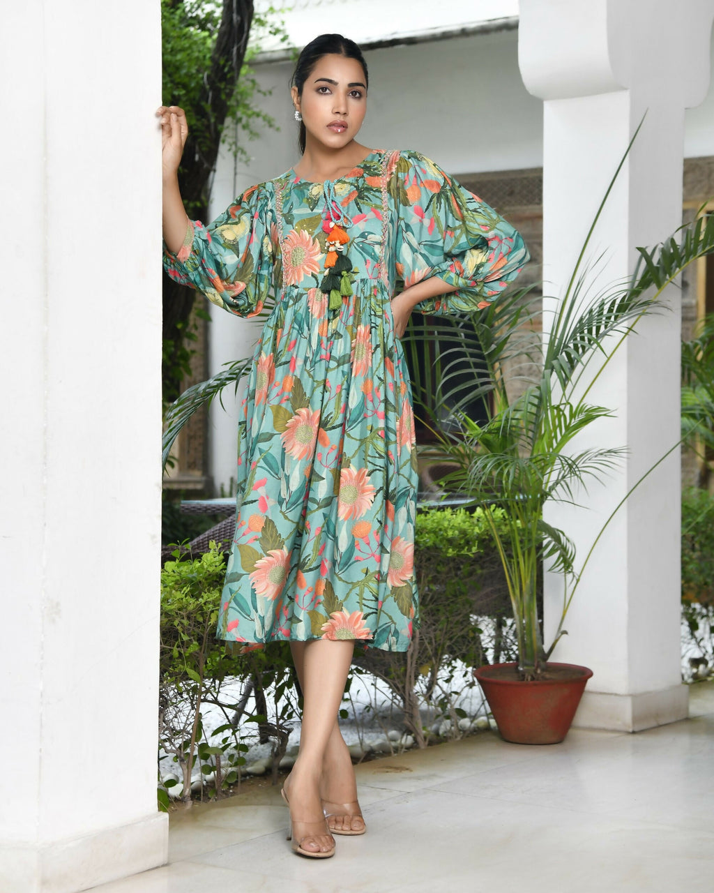 Vaasva Women's Teal Musline Viscose Digital Printed Dress | Grocsy