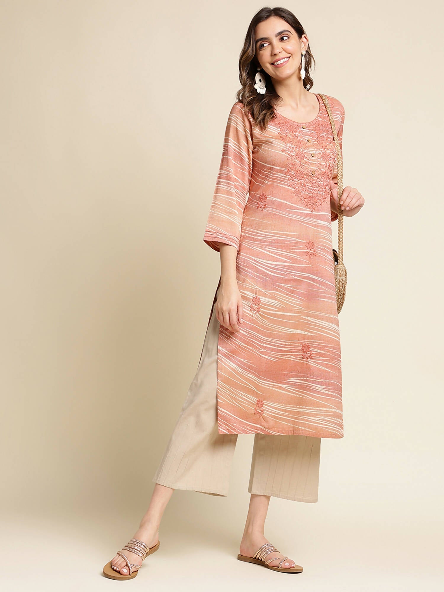 Peach Poly Rayon Stripe Printed Straight Fit Kurta - Prasuti | Grocsy
