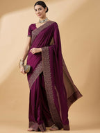 Purple Silk Blend Embroidered Saree with Unstitched Blouse - Vairagi | Grocsy