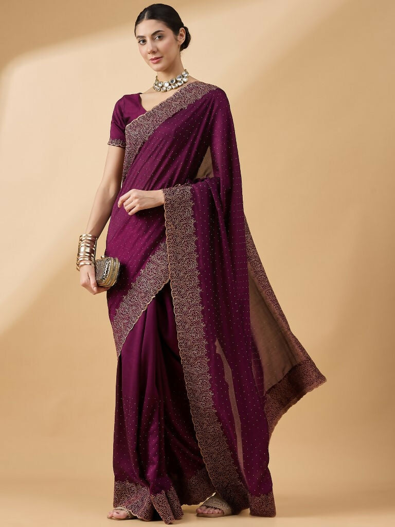 Purple Silk Blend Embroidered Saree with Unstitched Blouse - Vairagi | Grocsy