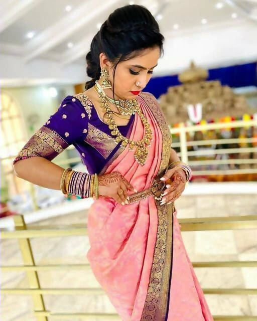 DEIANA'S Beautiful Designer Golden zari Soft Lichi Silk Saree - Peach | Grocsy