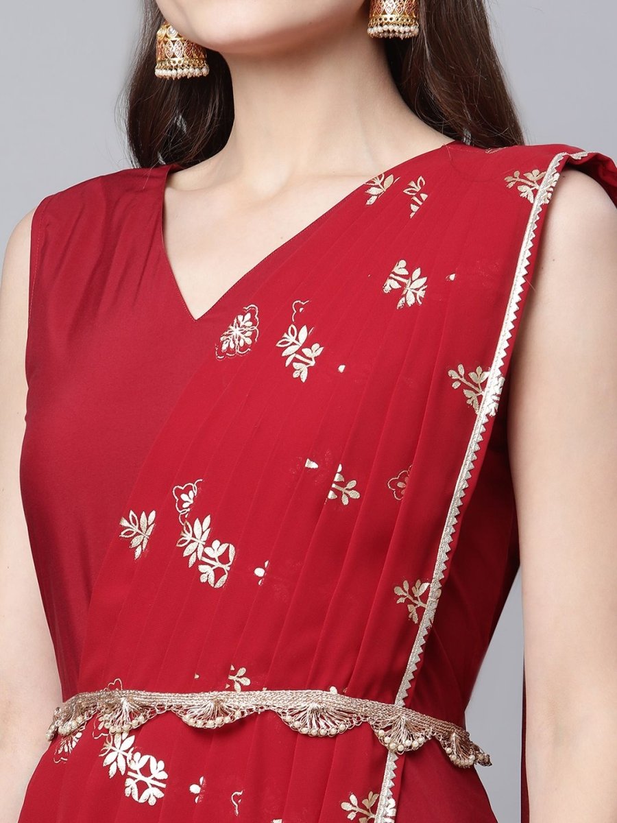 Ahalyaa Women Maroon Crepe Georgette Printed Saree Dress With Printed Pallu | Grocsy