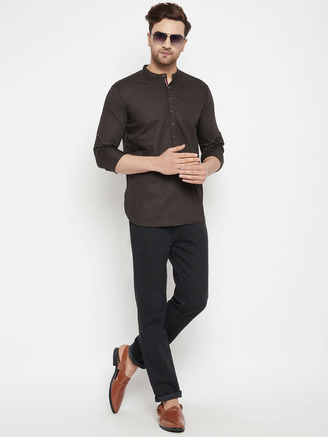 Even Apparels Brown Pure Cotton short Men's Kurta With Band Collar | Grocsy