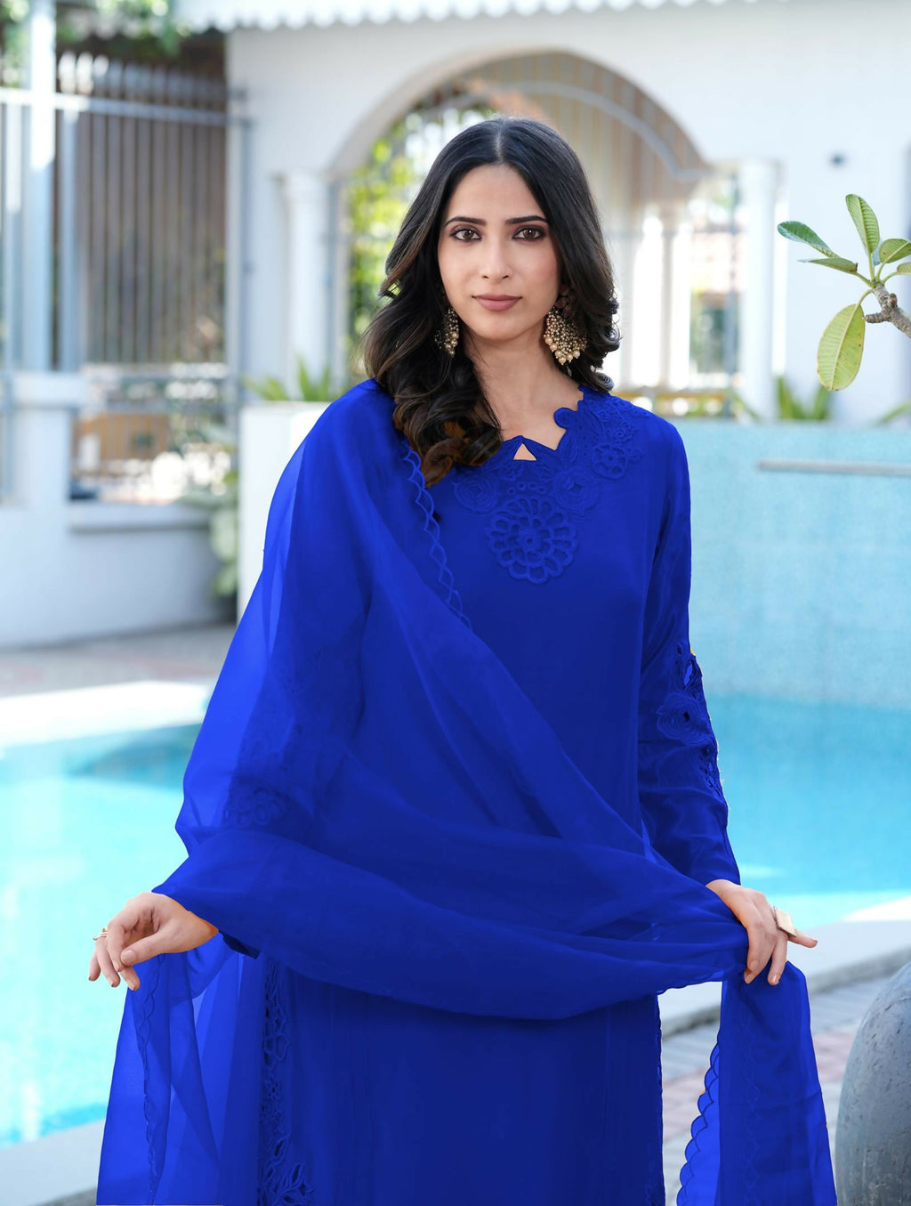 Nikhaar Royal Blue Embroidered Art Silk Stitched Straight Cut Kurta Pants Dupatta Readymade Suit | Grocsy