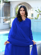 Nikhaar Royal Blue Embroidered Art Silk Stitched Straight Cut Kurta Pants Dupatta Readymade Suit | Grocsy