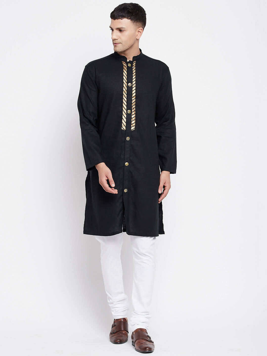 Even Apparels Black Linen Men's Sherwani Kurta With Decorative Placket | Grocsy