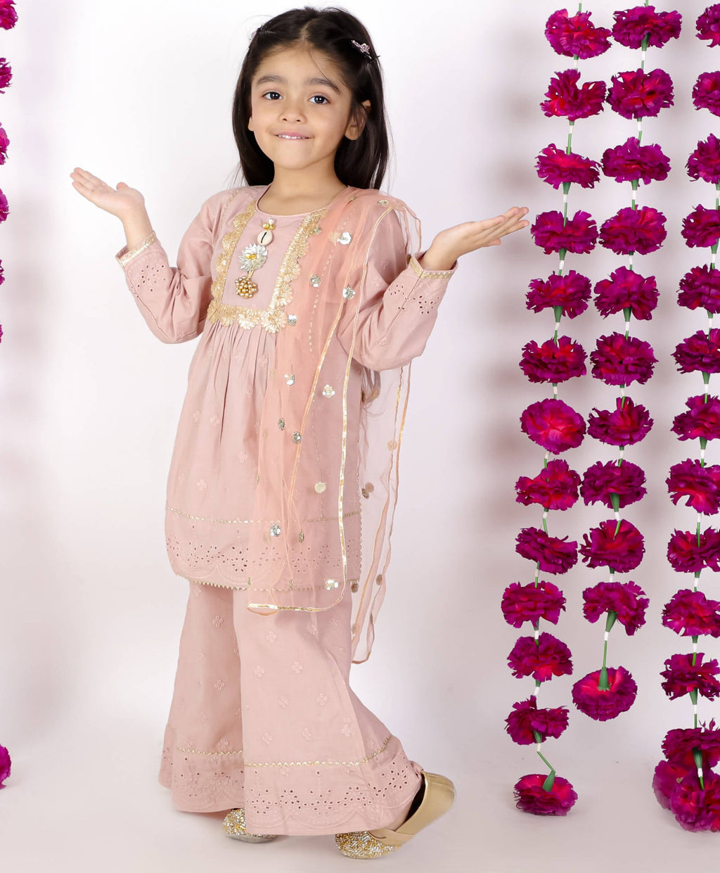 Little Bansi Girls Brown Tussel work Schiffli Kurta Frock with Plazzo and Dupatta | Grocsy