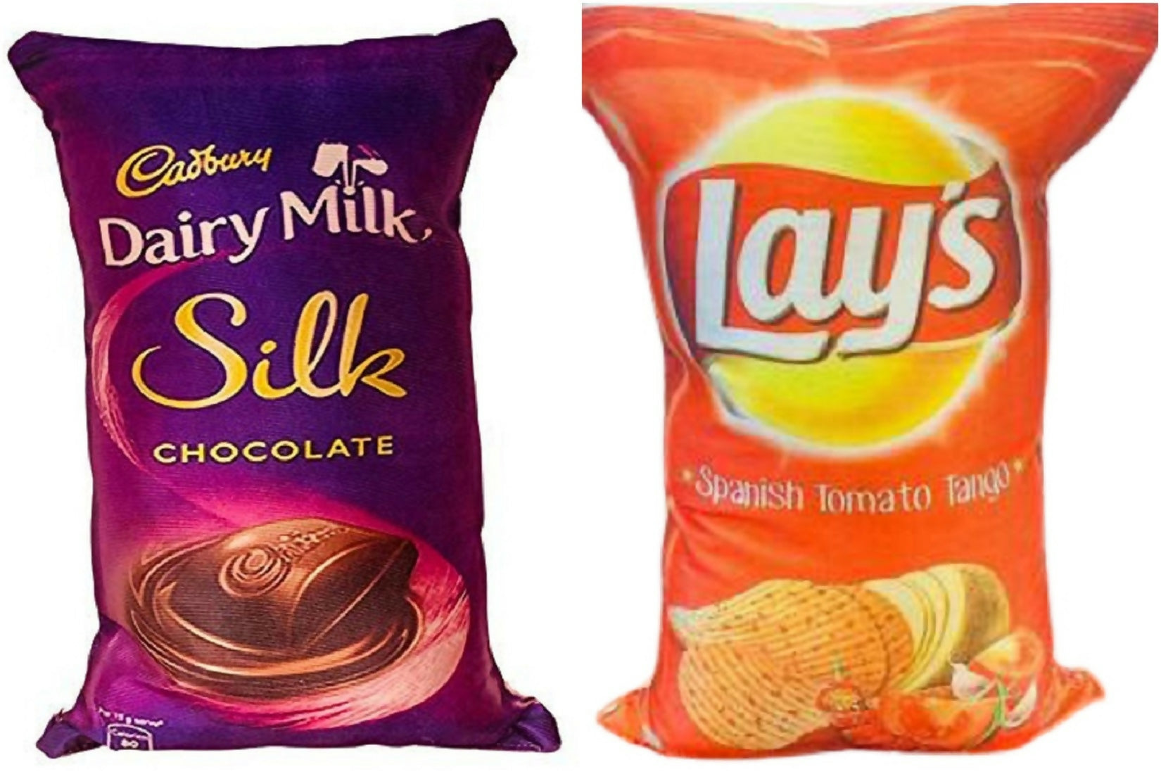 Unique Fashion Pack of 2 Microfibre Filled Reversible Cushion For Kids - Dairy Milk Silk And Red Lays | Grocsy