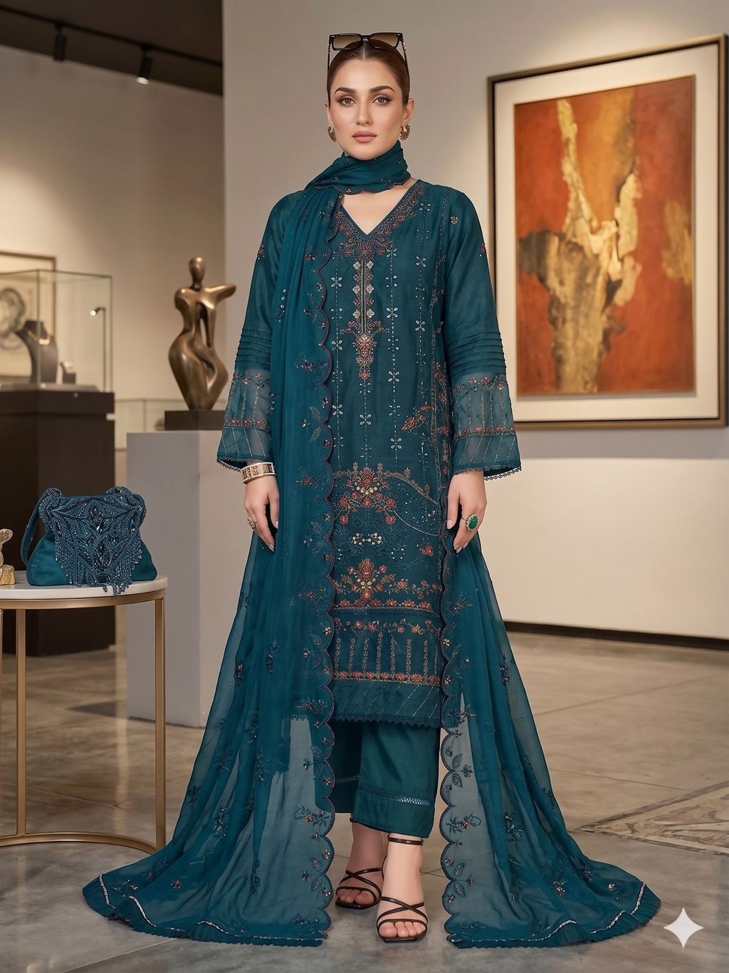 Teeya Creation Womens New Net With Heavy Embroiedery With Sequence Work Teal Kurta Set | Grocsy