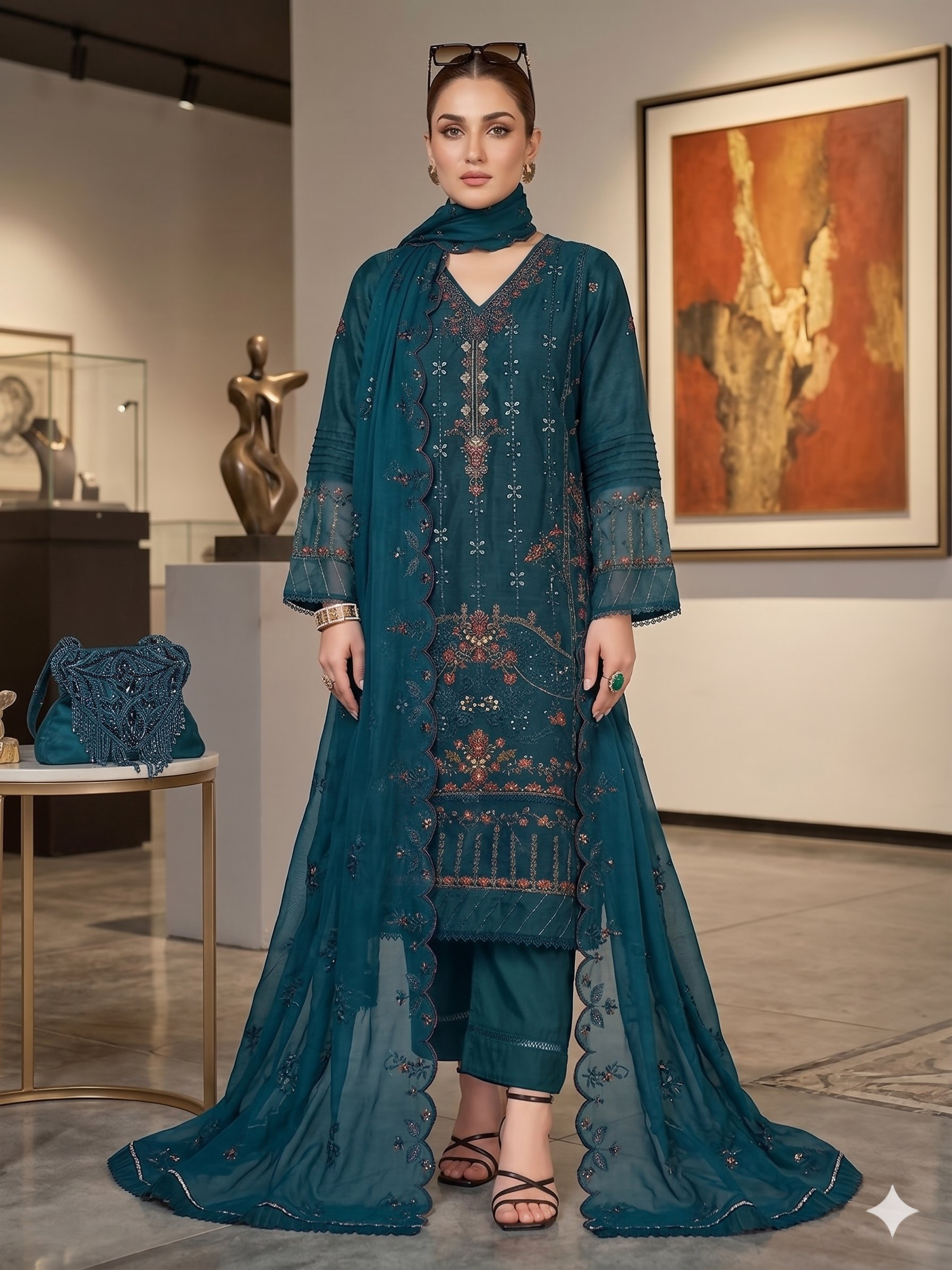 Teeya Creation Womens New Net With Heavy Embroiedery With Sequence Work Teal Kurta Set | Grocsy
