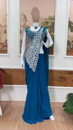 Teeya Creation Blue Color Faux Georgette Embroidery Work Party Wear Ready To Wear Saree | Grocsy