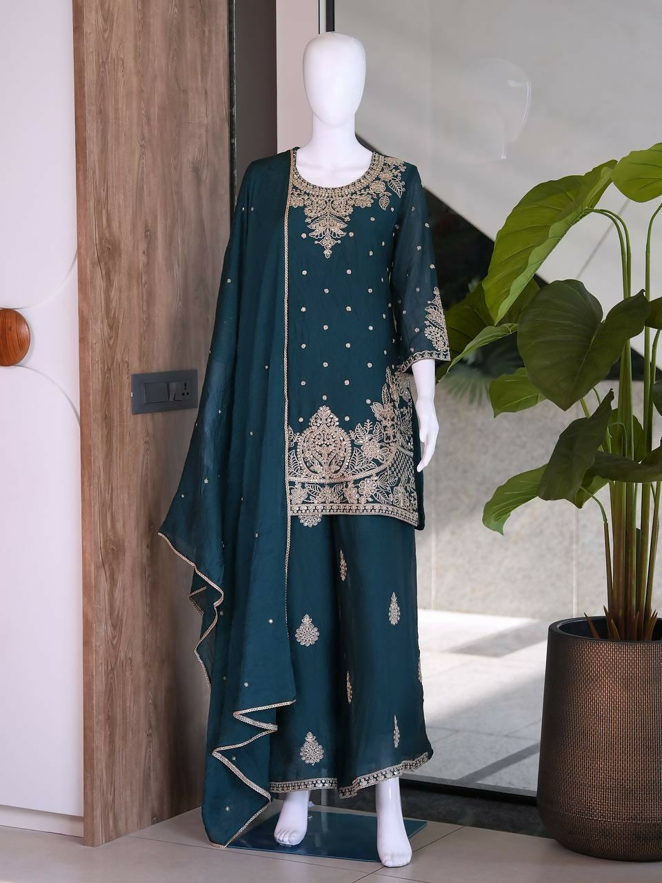 Teeya Creation New Latest Stylish Kurta Palazzo Set - Teal | Grocsy
