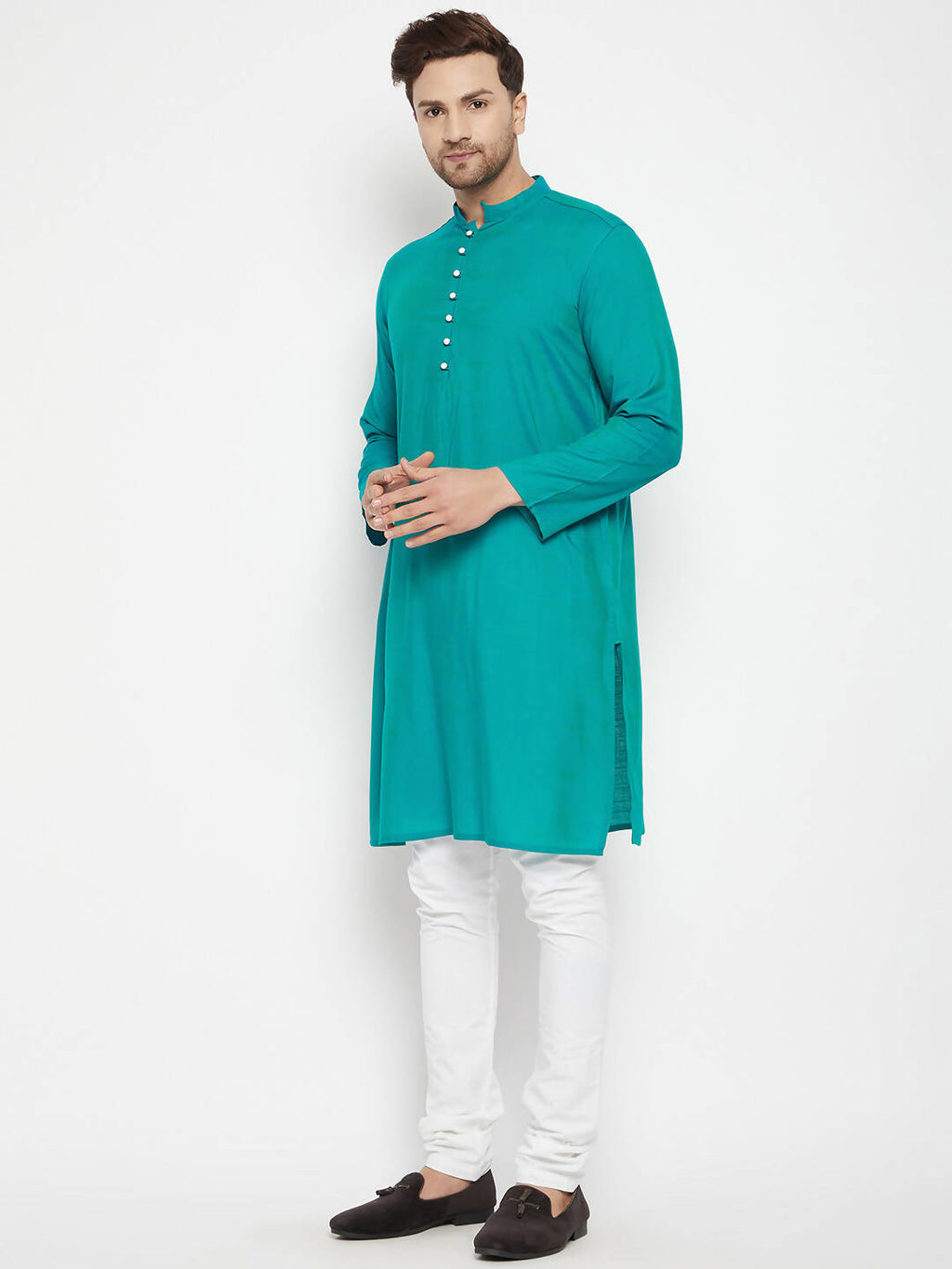 Even Apparels Green Viscose Long Men's Kurta With Band Collar | Grocsy