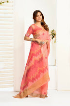 Joban Fashion Peach Ikkat Linen Ready To Wear Saree With Unstitched Blouse | Grocsy