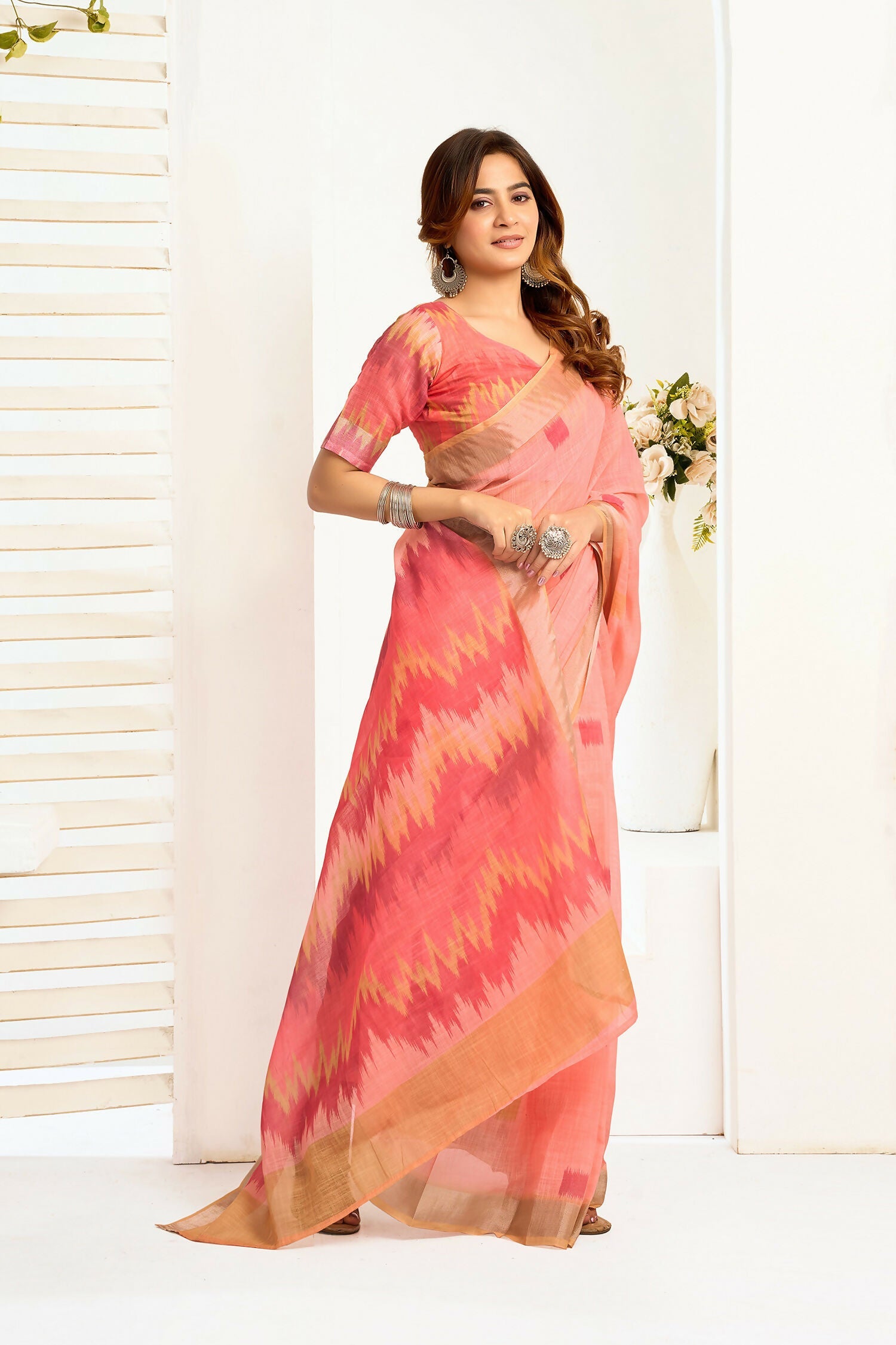 Joban Fashion Peach Ikkat Linen Ready To Wear Saree With Unstitched Blouse | Grocsy
