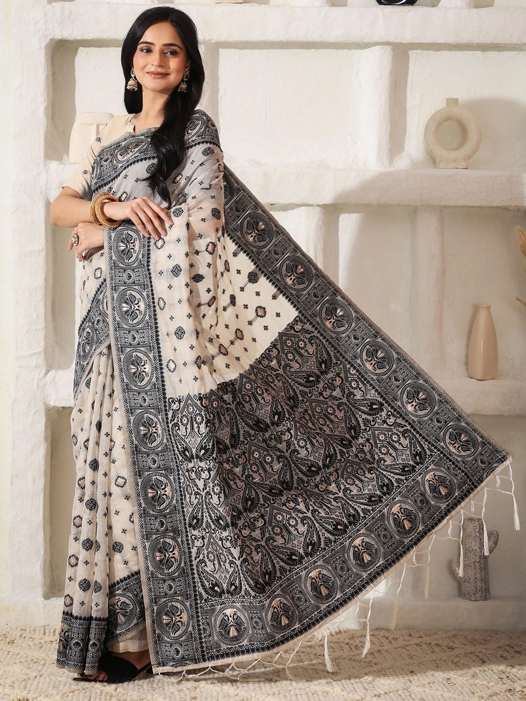 Shree Shyam Fashion Linen Cotton Black & Cream Saree | Grocsy