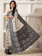 Shree Shyam Fashion Linen Cotton Black & Cream Saree | Grocsy