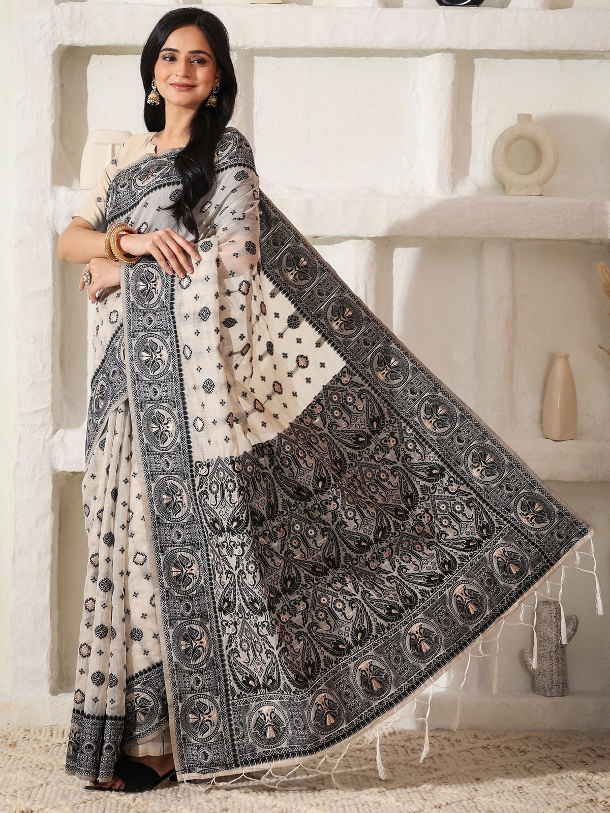 Shree Shyam Fashion Linen Cotton Black & Cream Saree | Grocsy