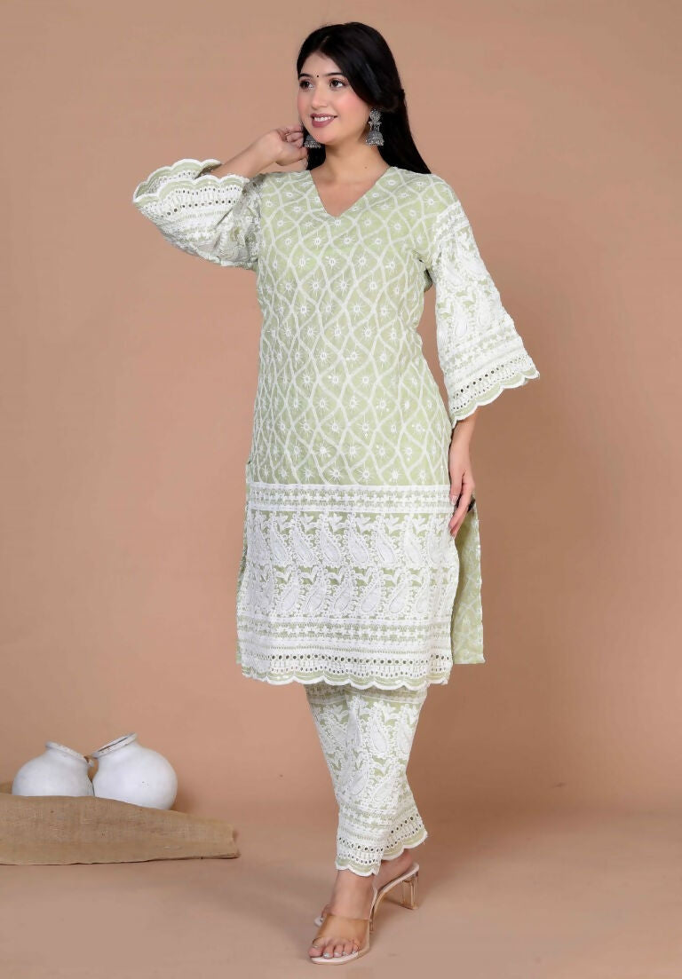Miravan Women's Green Embroidery Chikankari Kurta And Palazzo | Grocsy