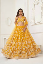 Aastha Fashion Mustard Yellow Butterfly Net White Cotton Thread Work And Sequence Work Embroidery Wedding Wear Lehenga Choli | Grocsy