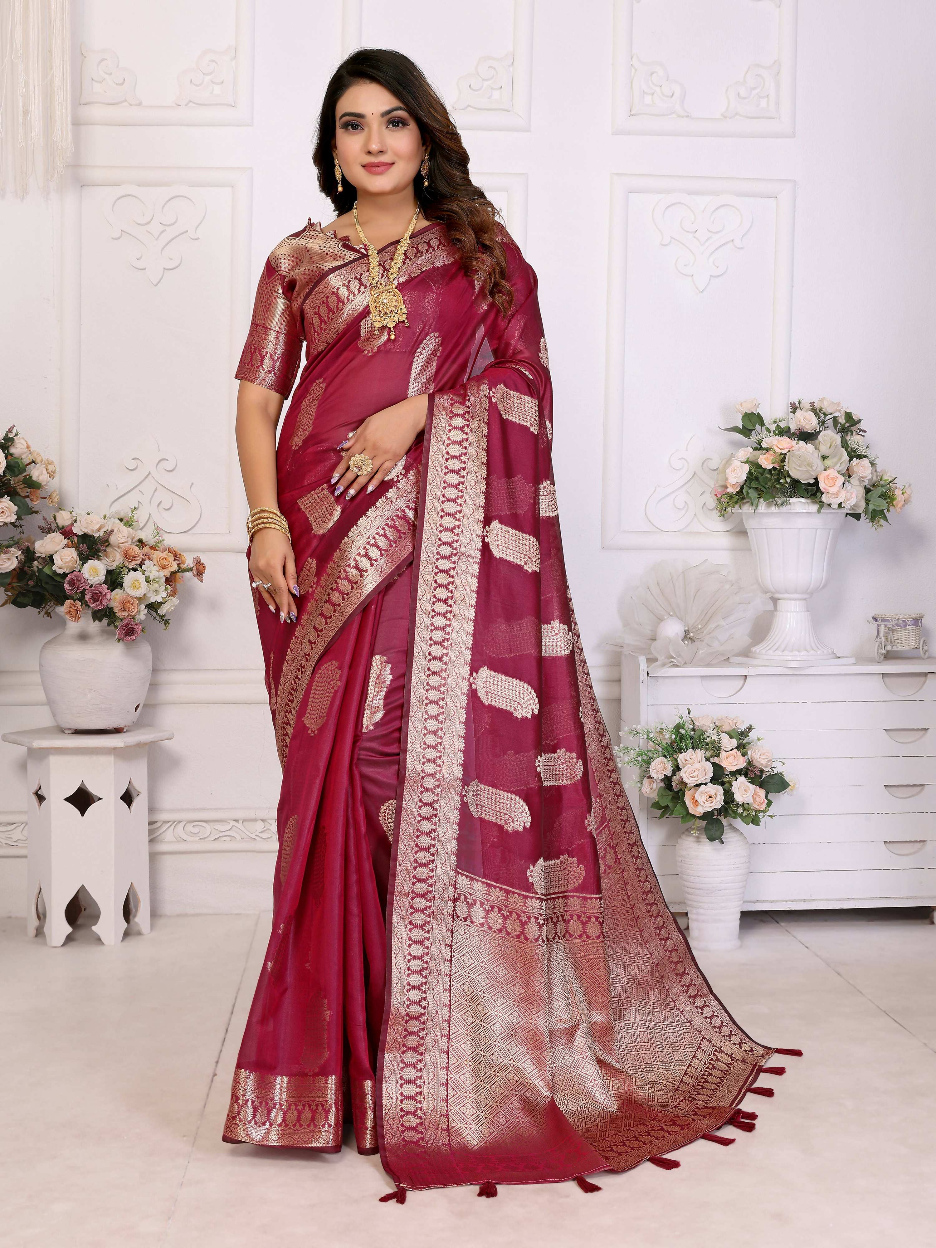 Aastha Fashion Wine Soft Organza Silk Weaving Saree | Grocsy