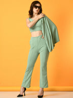 Myshka Women's Green Solid Coat With Trousers | Grocsy