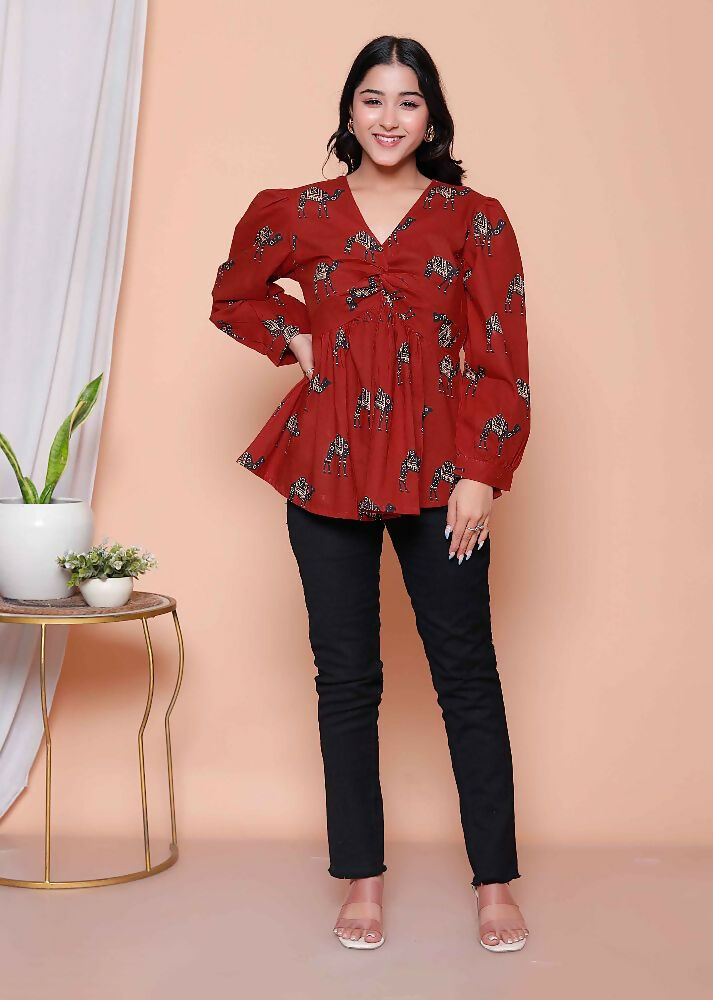 Miravan Womens Brown Animal Printed Balloon Sleeves V Neck Butterfly Top | Grocsy