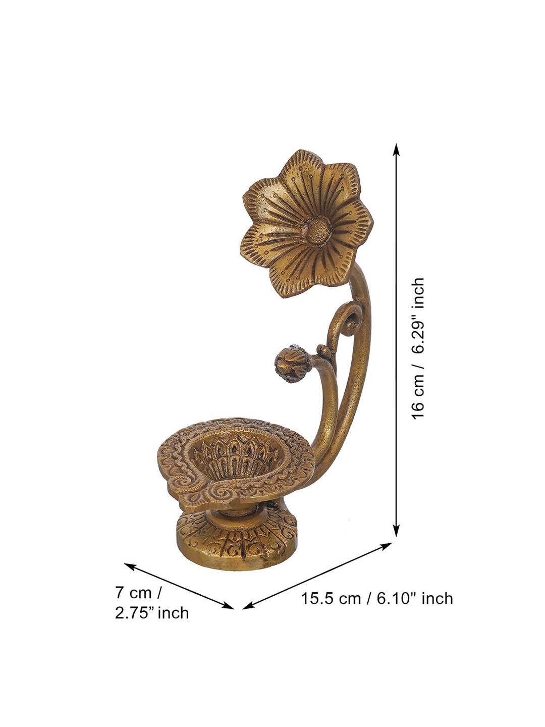 eCraftIndia Gold Toned Flower Shaped Brass Diya With Floral Handle | Grocsy