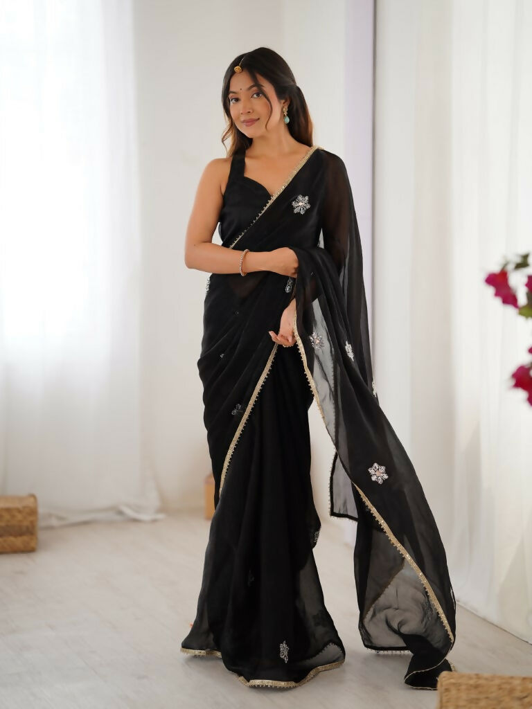 Black Fendy Designer Beads Moti,Val Sequence Work Saree - Siara | Grocsy