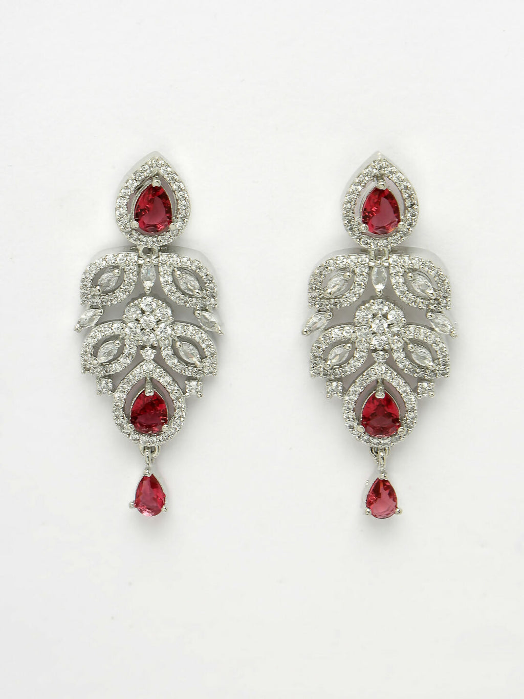 NVR Women's silver plated Maroon CZ stone handcrafted jewellery set | Grocsy