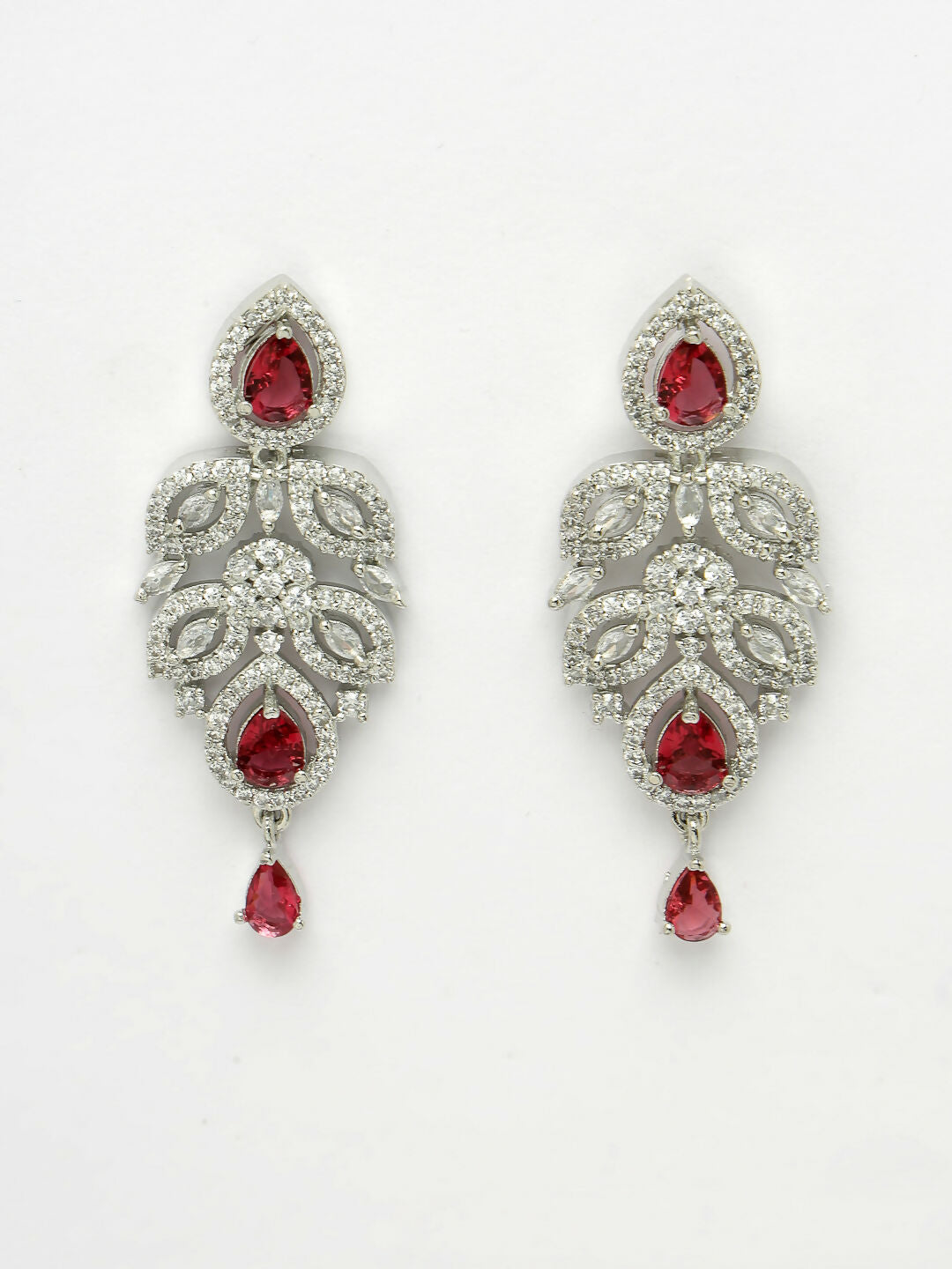 NVR Women's silver plated Maroon CZ stone handcrafted jewellery set | Grocsy