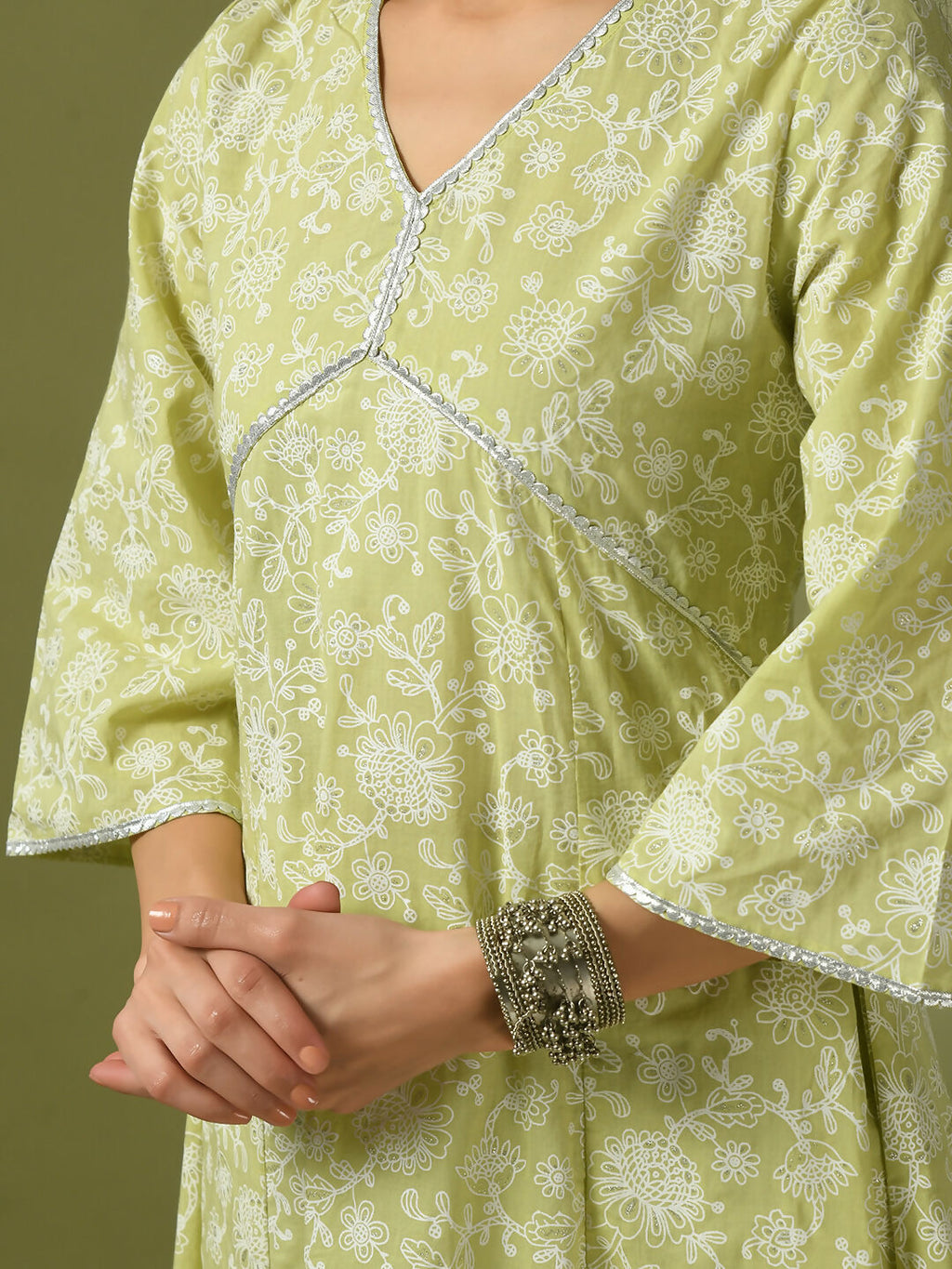 Myshka Women'sLime Green Printed Cotton Anarkali Party Kurta Set | Grocsy
