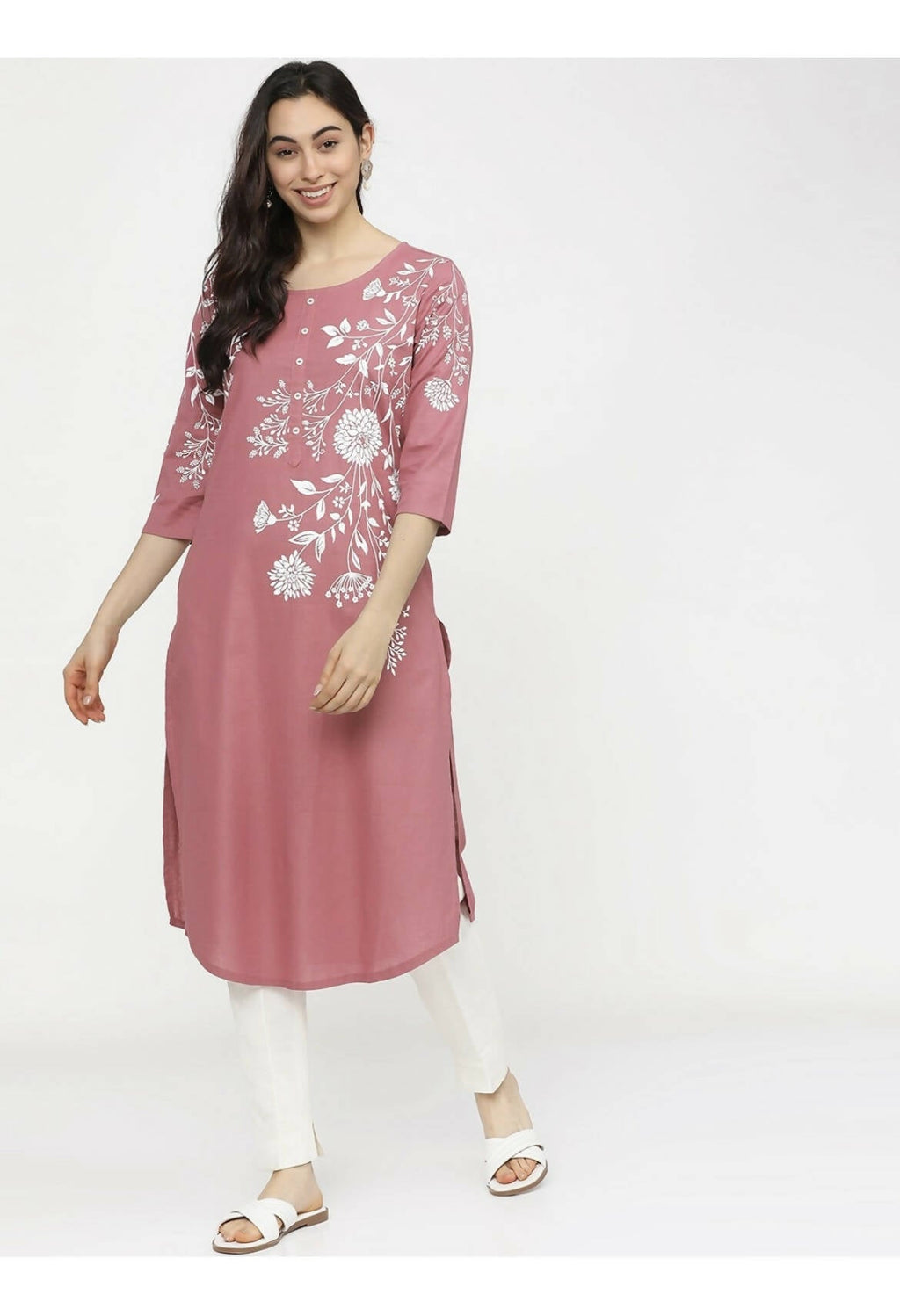 Cheera Embellished Daily Wear Cotton Blend Kurta - Peach | Grocsy