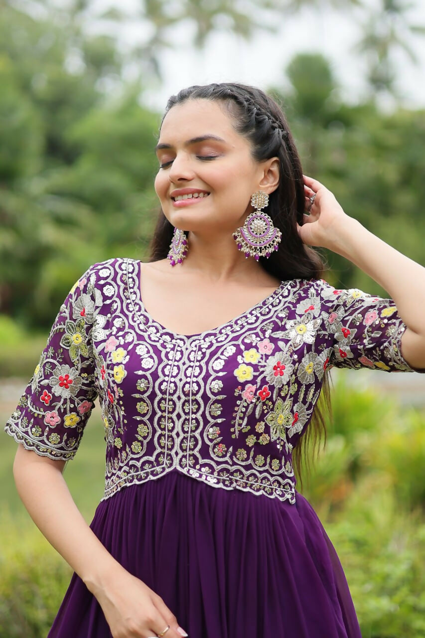 Vastranavya Faux Blooming with Embroidery Zari Sequins-work Gown - Purple | Grocsy