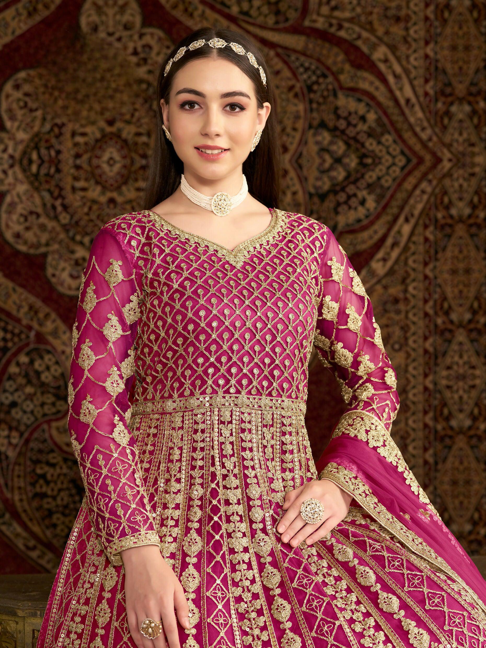 Anaita Rani Pink Embroidered Net Stitched Anarkali Suit | Grocsy
