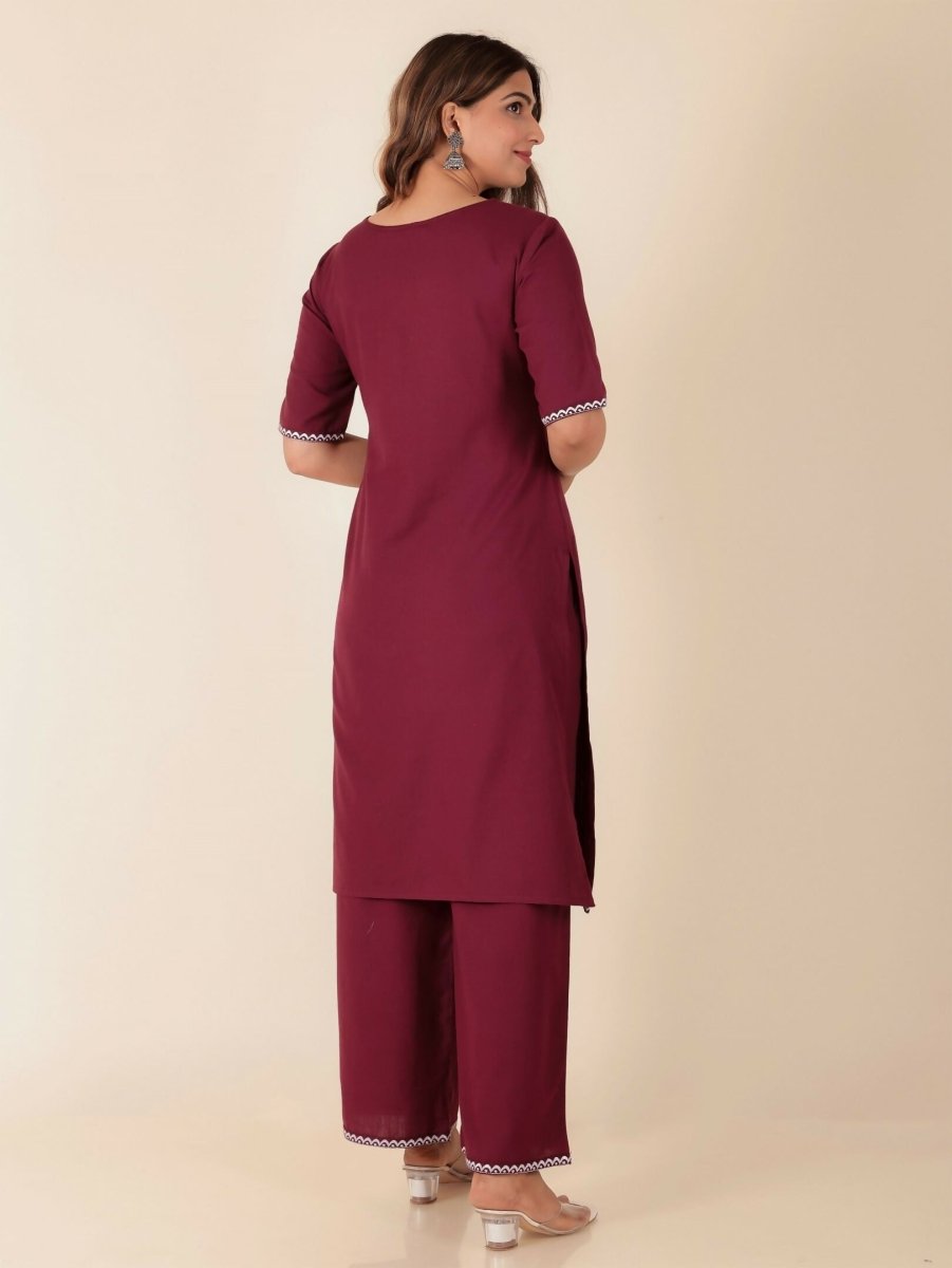 Aramya Maroon Linen Cotton Solid Print Straight Kurta Set for Women | Grocsy