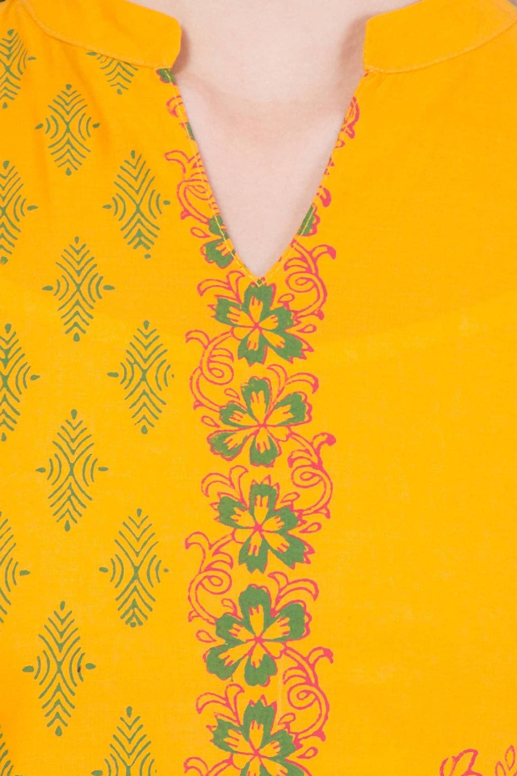 Cheera Hand Block Print Mustard Straight Kurta (MAAI-059K) | Grocsy