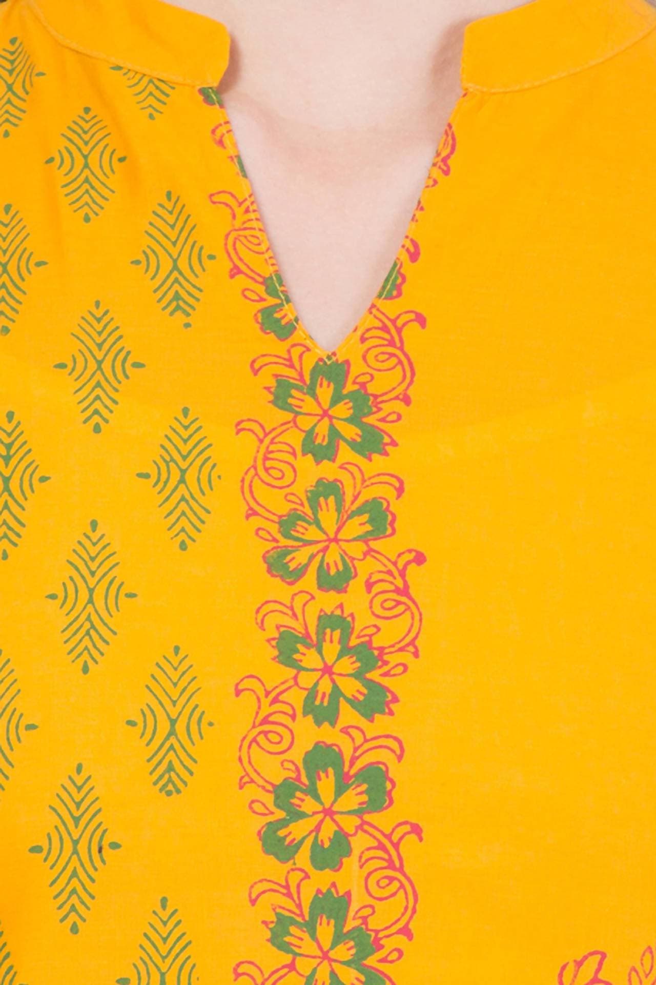 Cheera Hand Block Print Mustard Straight Kurta (MAAI-059K) | Grocsy
