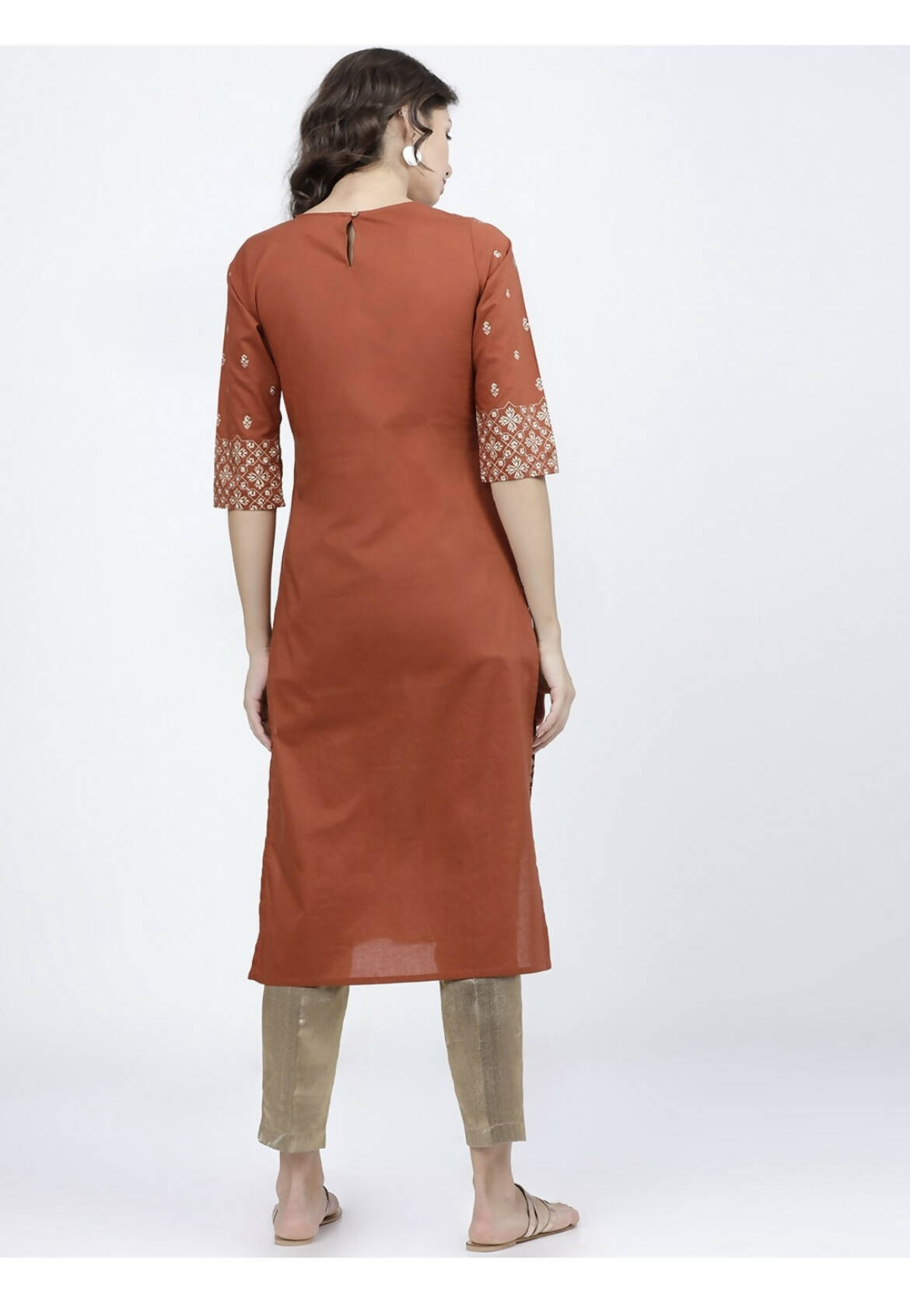 Indian Clothing Cheera Embellished Daily Wear Cotton Blend Kurta - Brown | Grocsy