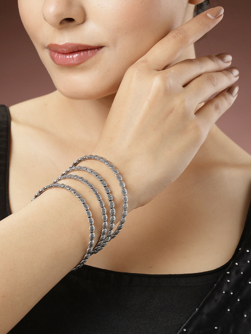 NVR Women's Set of 4 Silver-Toned German Silver Oxidised Bangles | Grocsy