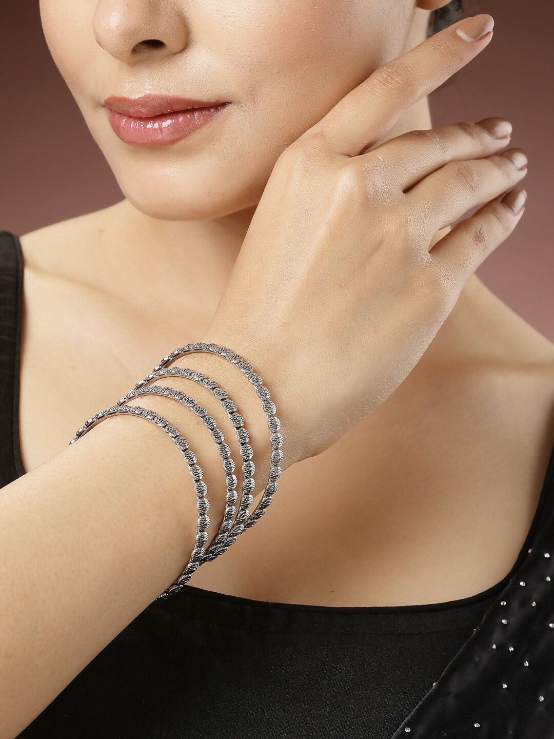 NVR Women's Set of 4 Silver-Toned German Silver Oxidised Bangles | Grocsy