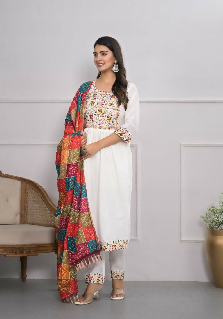 White Viscose Silk Embroidery with Thread and sequence Stitched Suit With Dupatta - Tanisha | Grocsy