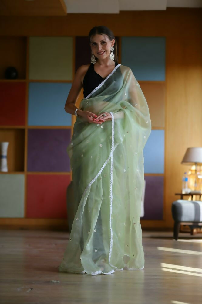 Vamsee Manbhari Green Organza Saree | Grocsy