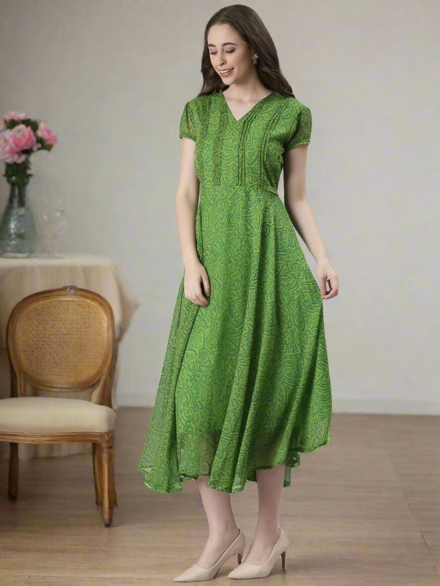 Souchii Green Printed Midi Dress – Flowy Fit & Flare | Grocsy