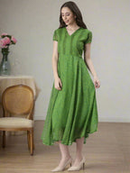 Souchii Green Printed Midi Dress – Flowy Fit & Flare | Grocsy