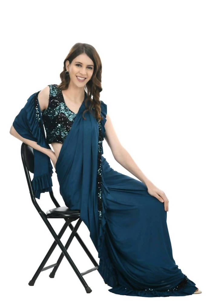 Mominos Fashion All Season Wear Peacock Blue And Black Ruffled Ready To Wear Saree | Grocsy