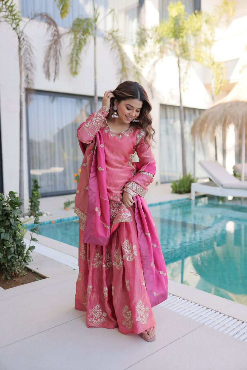 Teeya Creation Womens New Pink Color Fendi Crush With Zari & Sequins Embroidered Work | Grocsy