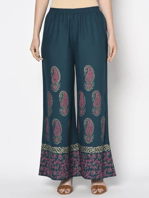 Aniyah Rayon Teal Blue Color Block Print Flared Slip-On Palazzo (AN-222K) | Grocsy