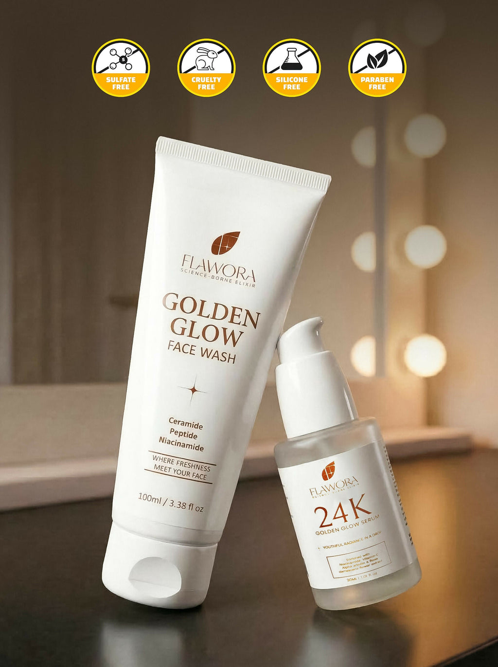 Flawora Set of Golden Glow Face Wash and 24k Golden Glow Face Serum | Grocsy