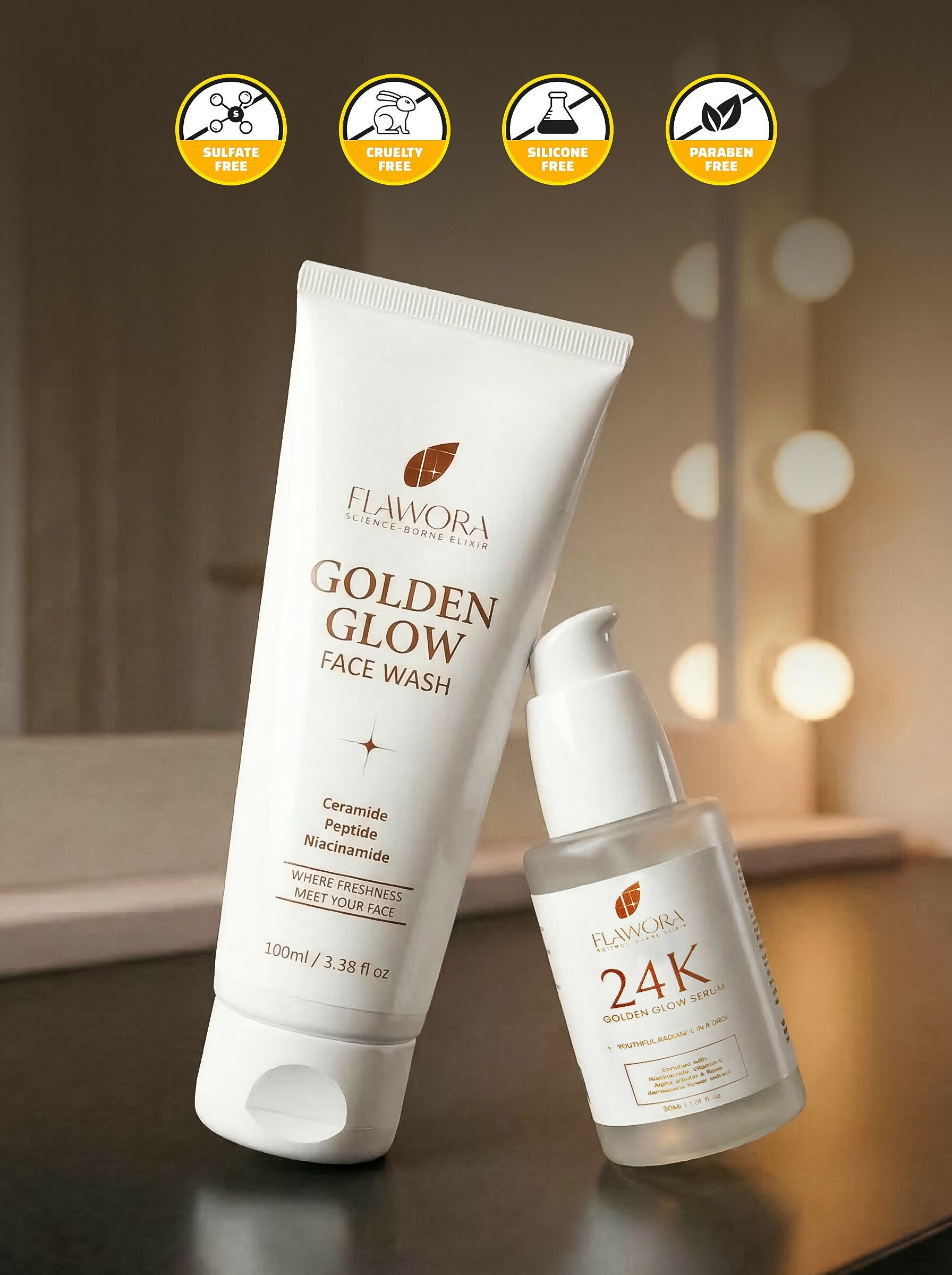 Flawora Set of Golden Glow Face Wash and 24k Golden Glow Face Serum | Grocsy